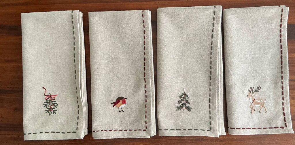Napkins Embroidered Holiday SET OF 4 - Juniper Collective LLC