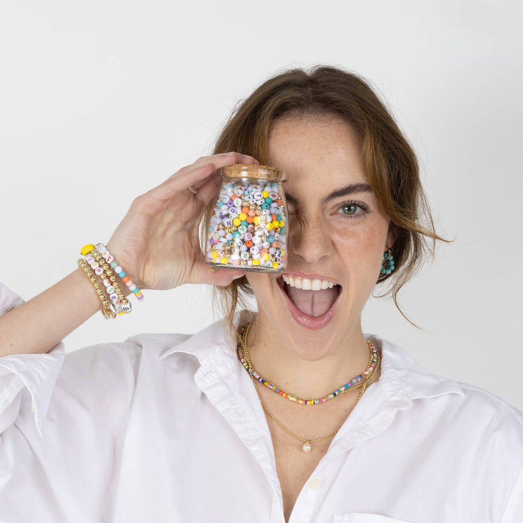 Shine Multicolor Letter Bead Jar with Ceramic Happy Face Charm - Juniper Collective LLC