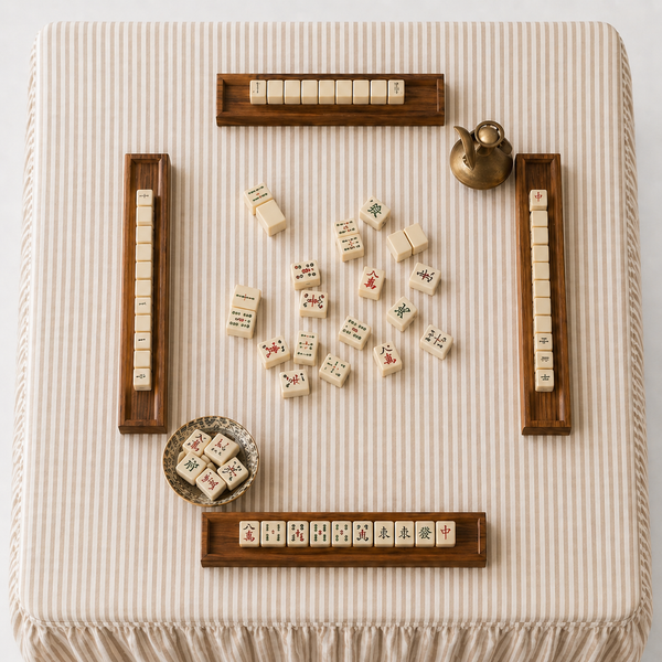 Mahjong Game Tablecloth -Skirted Linen Oatmeal Awning Stripe - Juniper Collective LLC