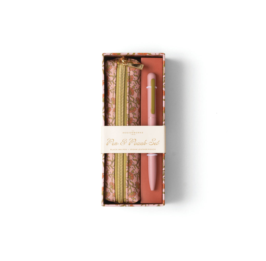Pen & Pouch Set- Pink Vintage Floral - Juniper Collective LLC