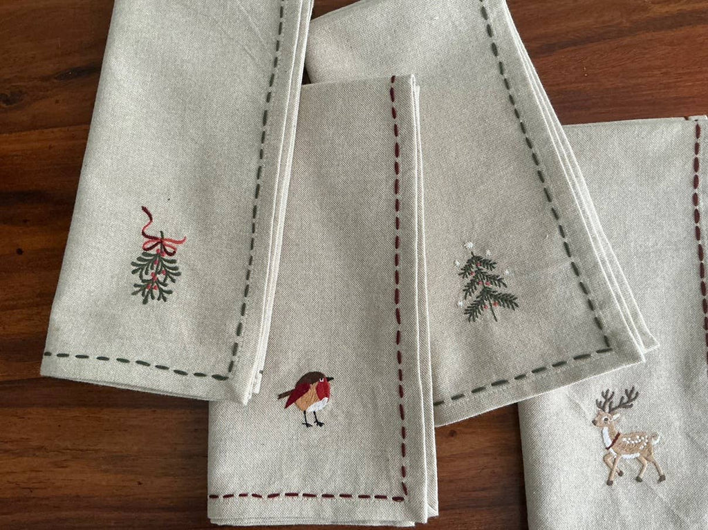 Napkins Embroidered Holiday SET OF 4 - Juniper Collective LLC