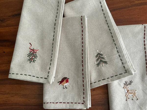 Napkins Embroidered Holiday SET OF 4 - Juniper Collective LLC