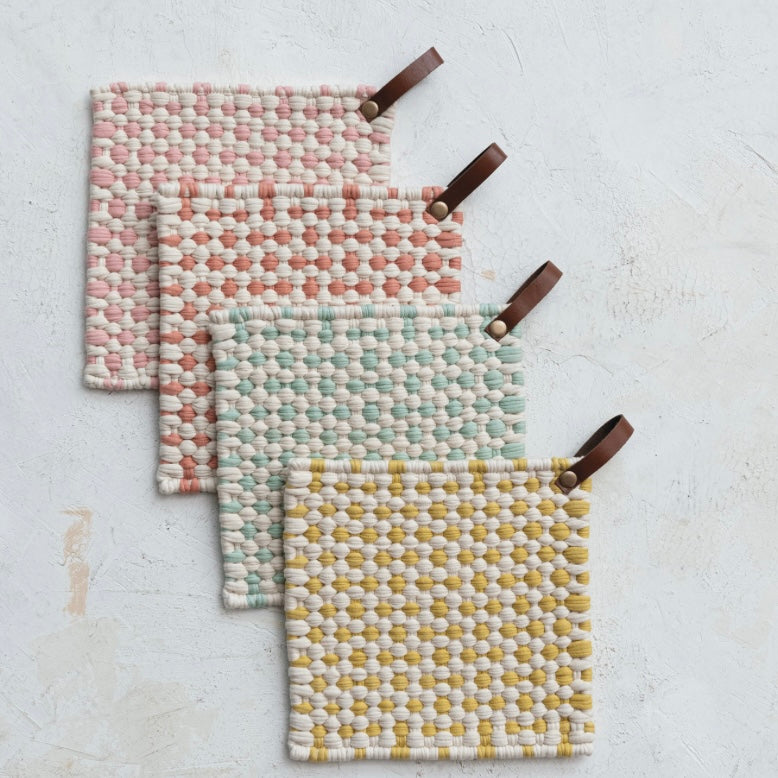 Cotton Pot Holder with Leather Loop