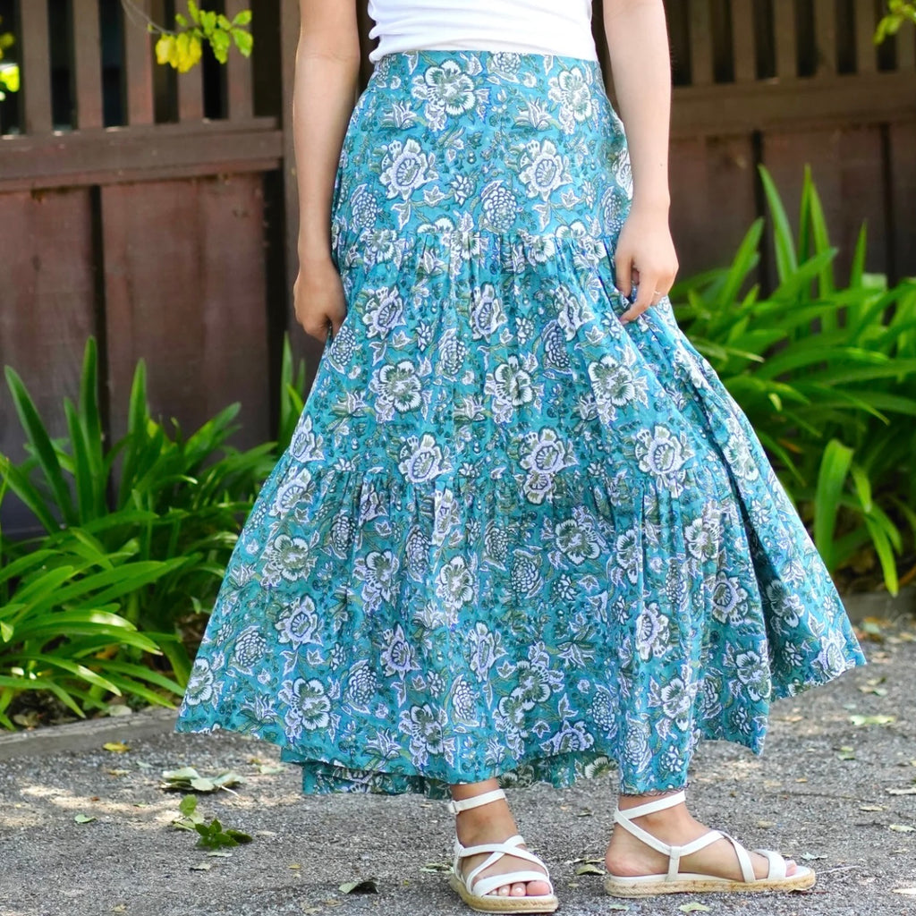 Block Printed Tiered Skirt in Green - Juniper Collective LLC