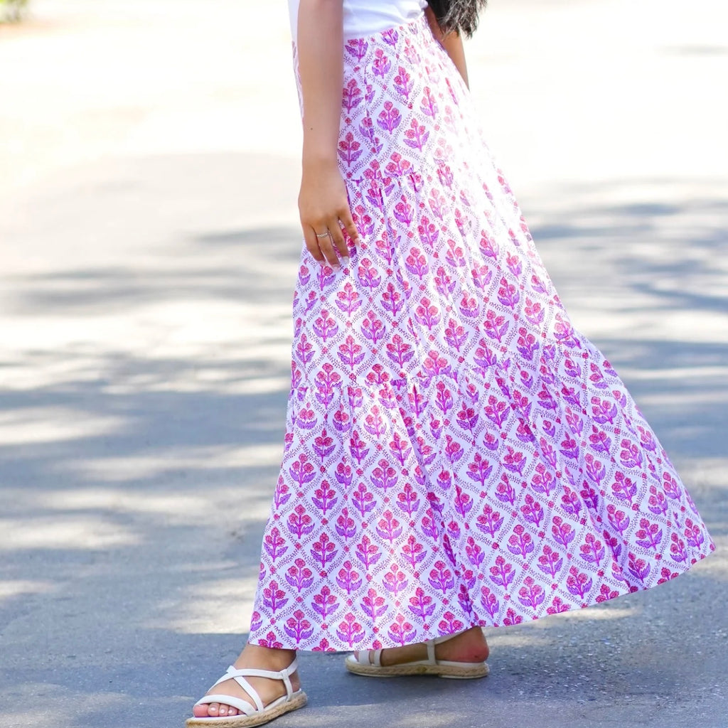 Block Printed Tiered Skirt in Purple-White - Juniper Collective LLC