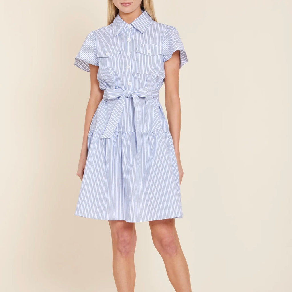 Striped Belted Dress in Blue - Juniper Collective LLC