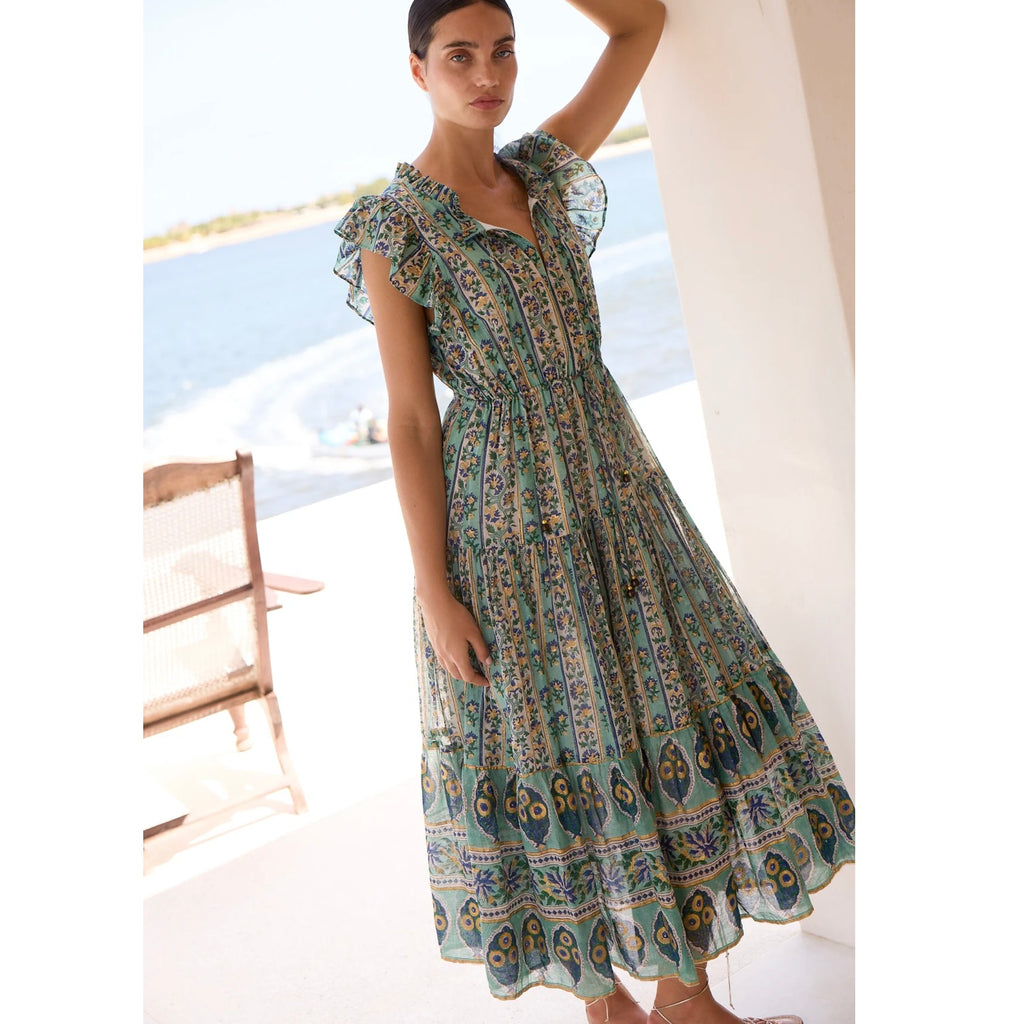 Taj Blue Cinched Flirty Midi Dress - Juniper Collective LLC