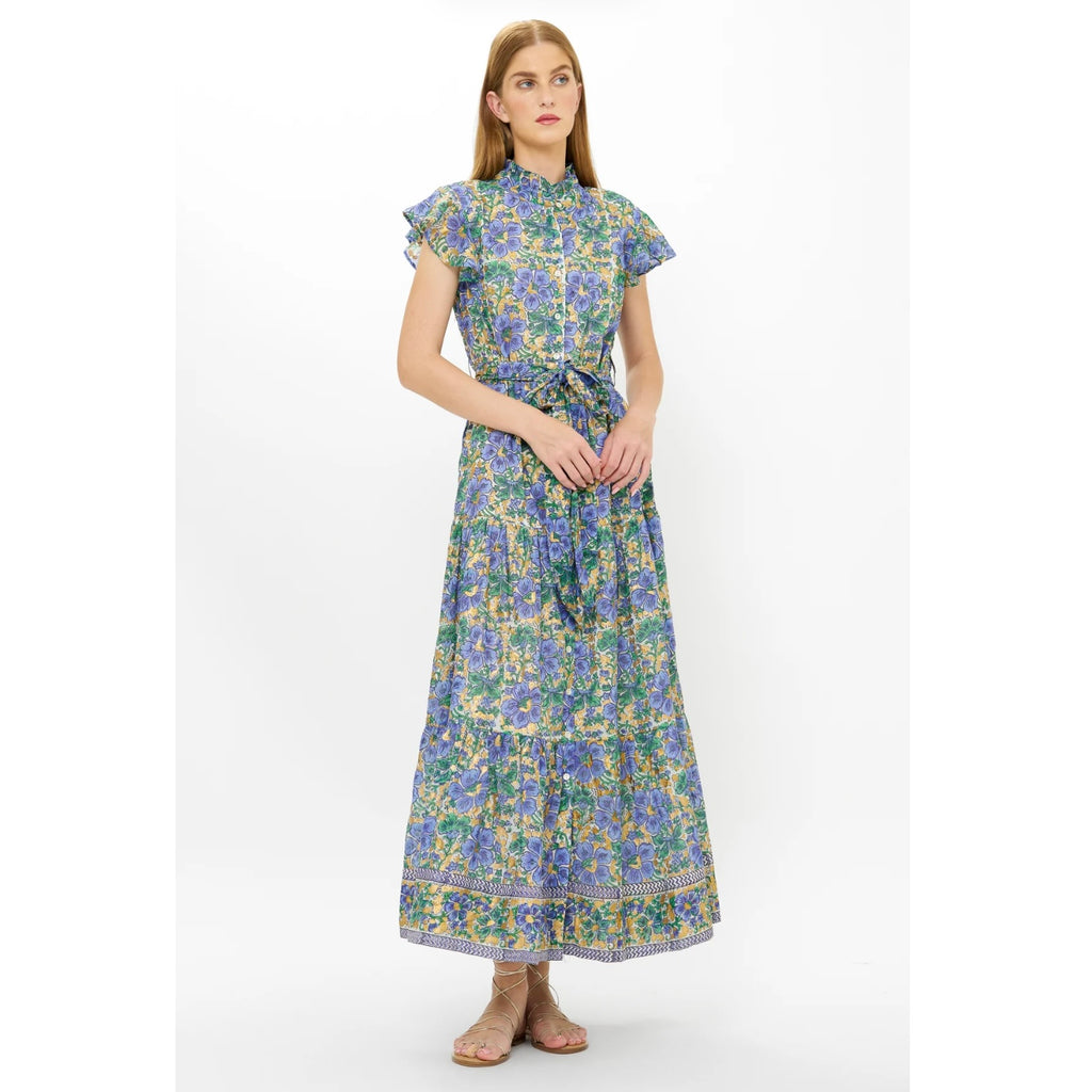 Matera Blue Ruffle Collar Button Maxi Dress - Juniper Collective LLC