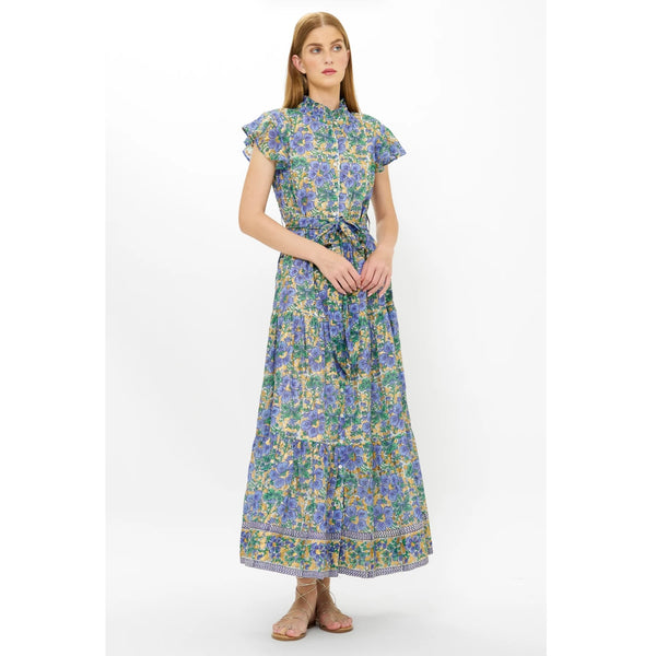 Matera Blue Ruffle Collar Button Maxi Dress - Juniper Collective LLC