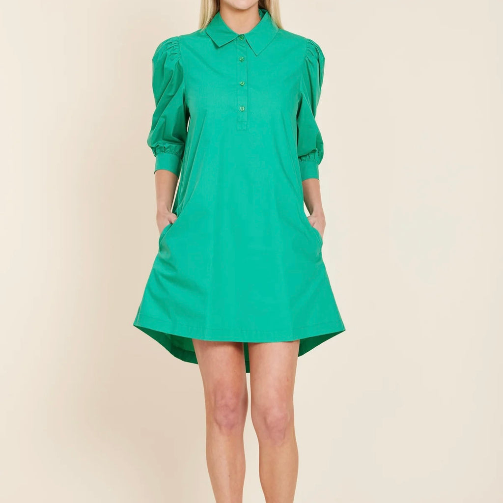 Poplin Puff Sleeve Dress in Green - Juniper Collective LLC