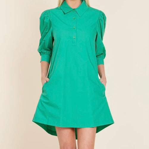 Poplin Puff Sleeve Dress in Green - Juniper Collective LLC