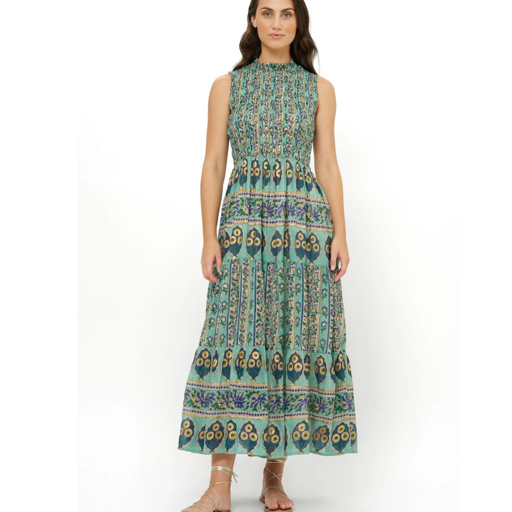 Taj Aqua Sleeveless Smocked Maxi Dress - Juniper Collective LLC