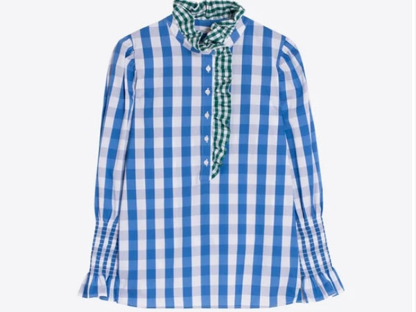 Cornflower Blue Gingham Shirt with Green Gingham Ruffle - Juniper Collective LLC