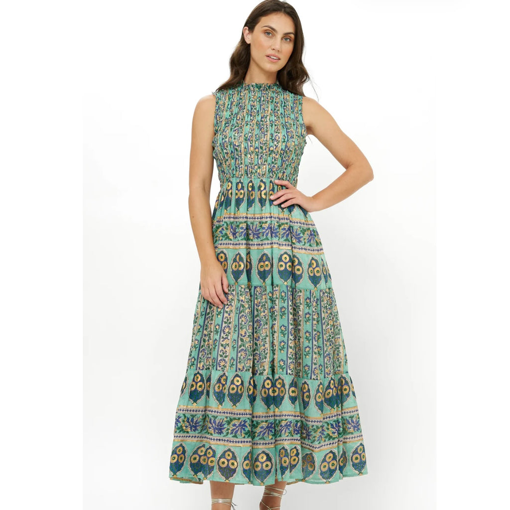 Taj Aqua Sleeveless Smocked Maxi Dress - Juniper Collective LLC