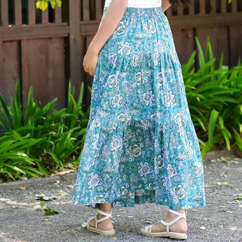 Block Printed Tiered Skirt in Green - Juniper Collective LLC
