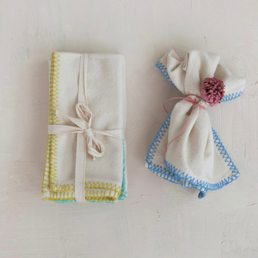 Cotton Napkins with Blanket Stitch Colored Edge - Juniper Collective LLC