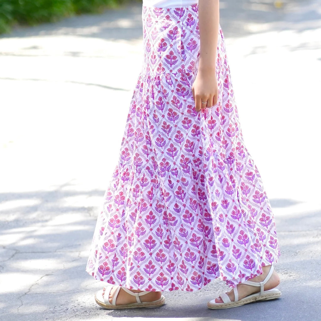 Block Printed Tiered Skirt in Purple-White - Juniper Collective LLC