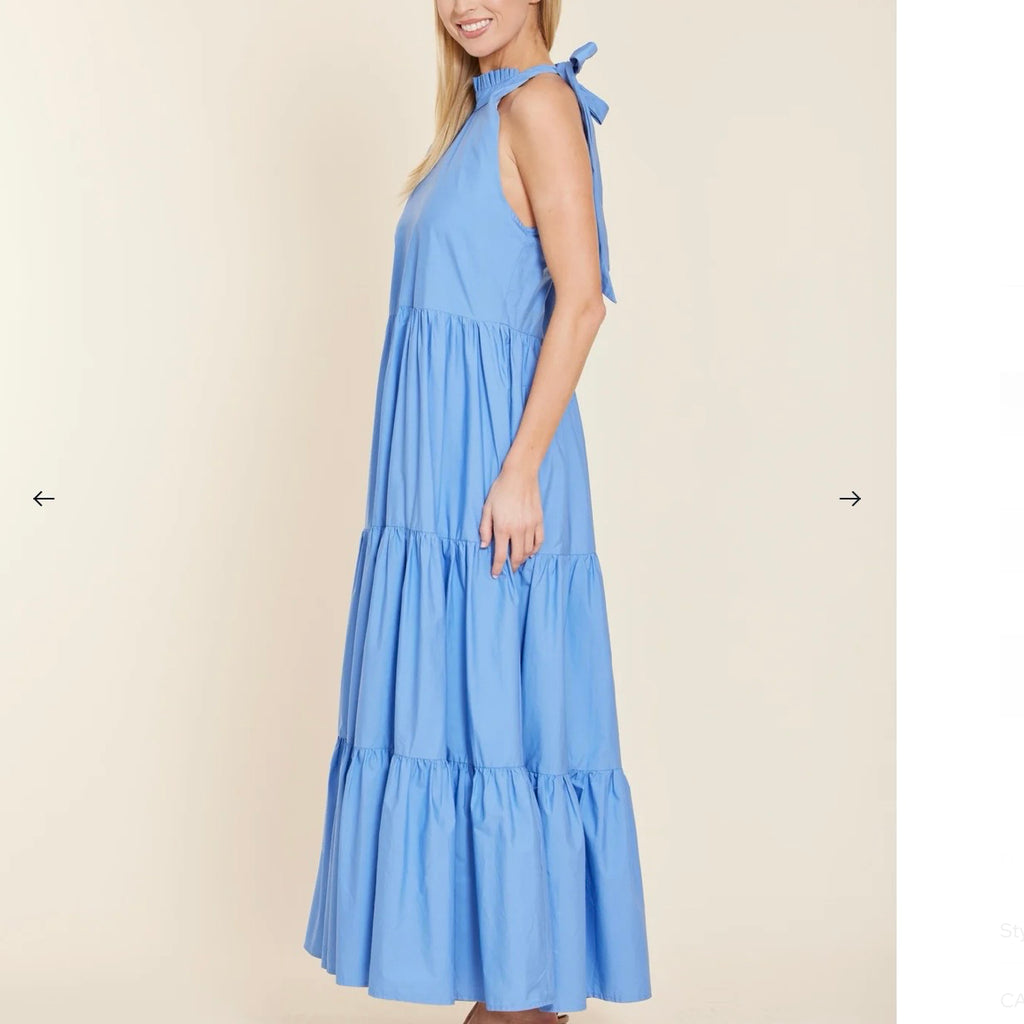 Poplin Tie Neck Tiered Maxi Dress - Juniper Collective LLC