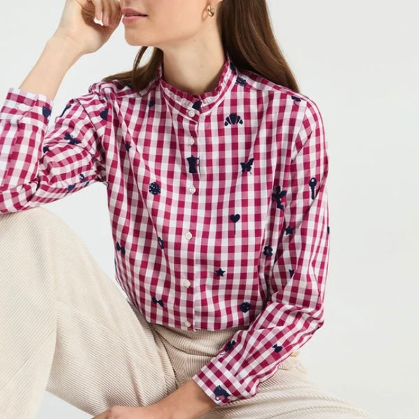 Bordeaux Gingham Shirt with Flocked Details - Juniper Collective LLC