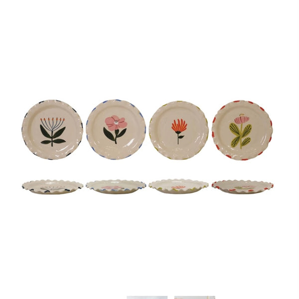 Stoneware Plate with Hand Painted Flower & Ruffle Edge - Juniper Collective LLC