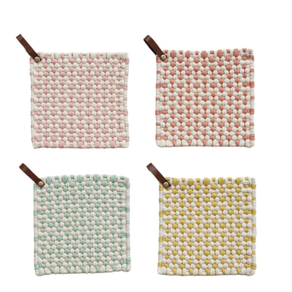 Cotton Potholder with Leather Loop - Juniper Collective LLC