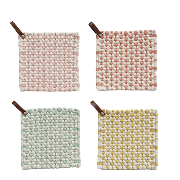 Cotton Pot Holder with Leather Loop - Thumbnail 2