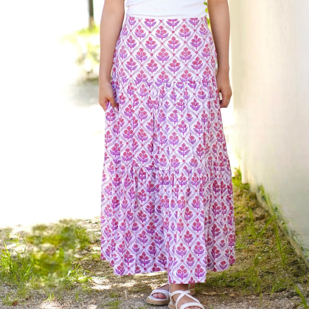 Block Printed Tiered Skirt in Purple-White - Juniper Collective LLC