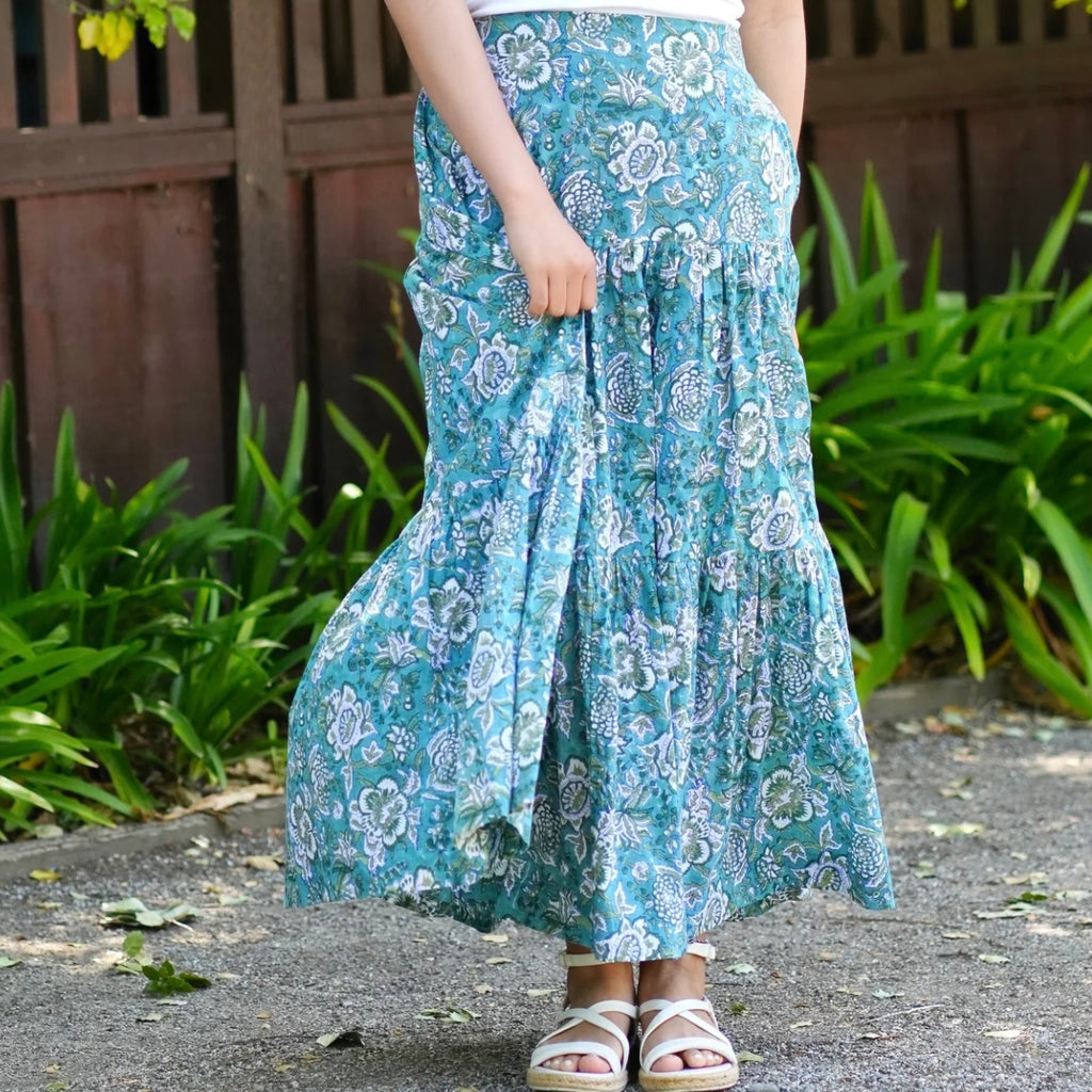 Block Printed Tiered Skirt in Green - Juniper Collective LLC