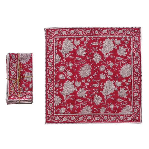 Block Printed Napkins in Red Floral- Set of 4 - Juniper Collective LLC