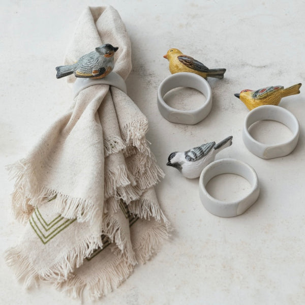 Stoneware Napkin Rings with Perched Birds (set of 4) - Juniper Collective LLC