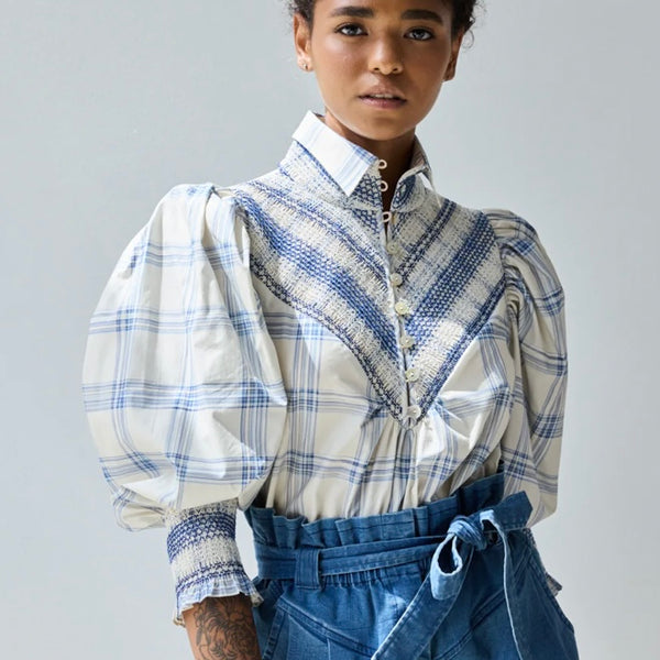 Smocked Warp Dyed Plaid Shirt in Blue - Juniper Collective LLC