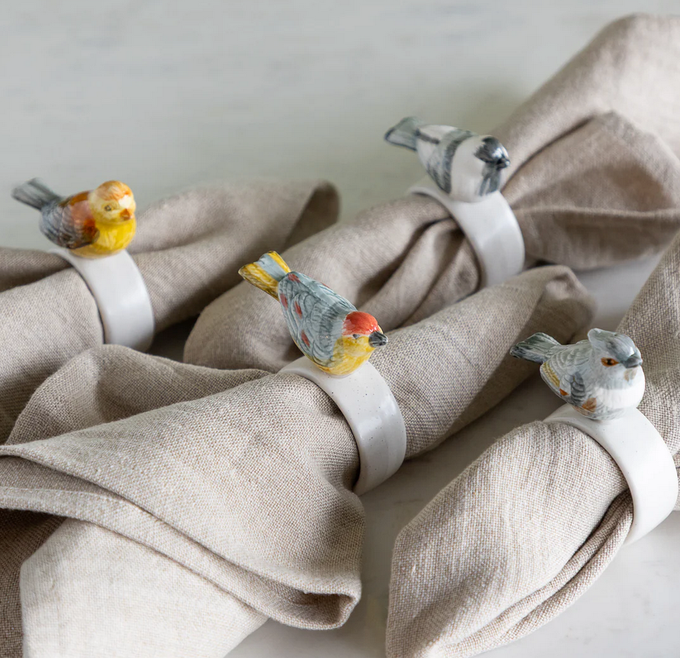 Stoneware Napkin Rings with Perched Birds (set of 4) - Juniper Collective LLC