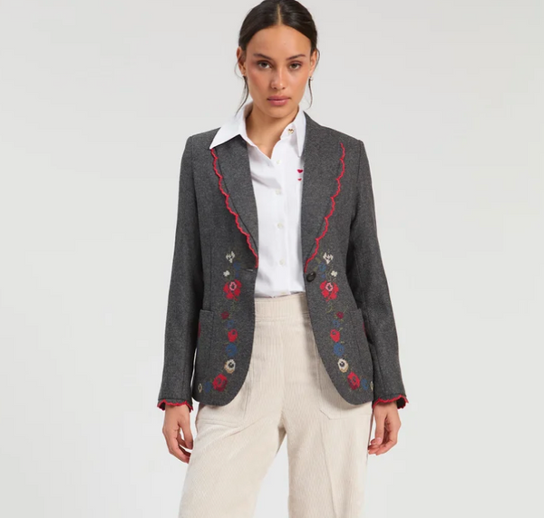 Grey Blazer with Floral Embroidery - Juniper Collective LLC