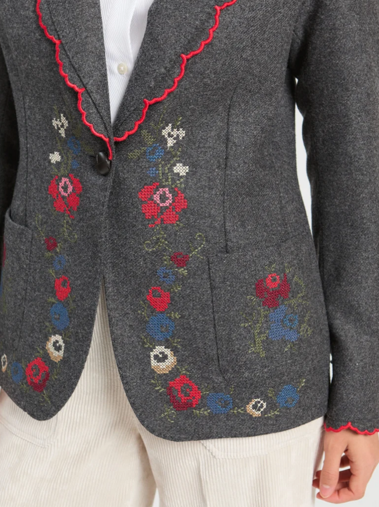 Grey Blazer with Floral Embroidery - Juniper Collective LLC