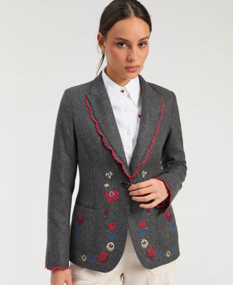 Grey Blazer with Floral Embroidery - Juniper Collective LLC