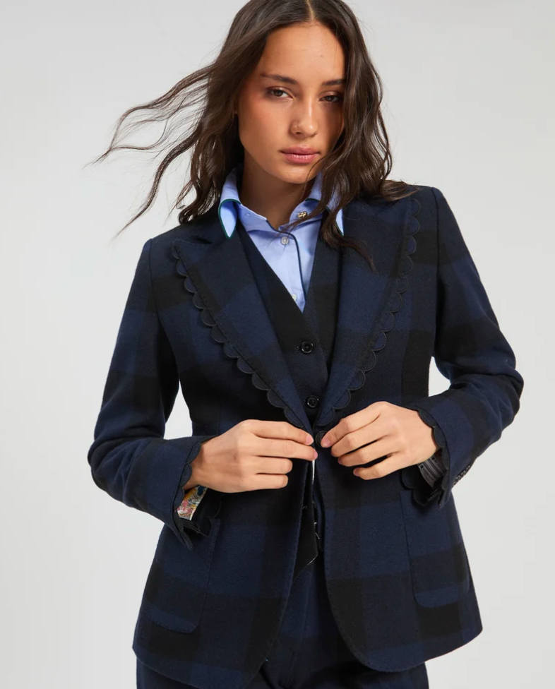 Blue & Black Buffalo Check Blazer with Scallop Detail - Juniper Collective LLC