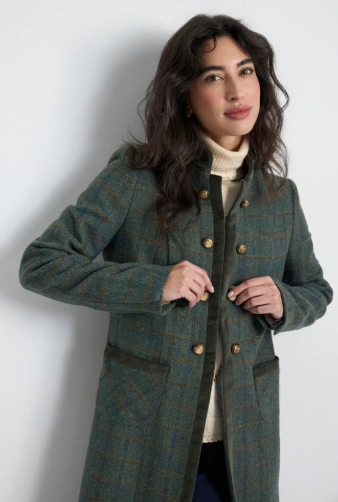 Dark Green Women’s Long Coat with Gold Buttons - Juniper Collective LLC