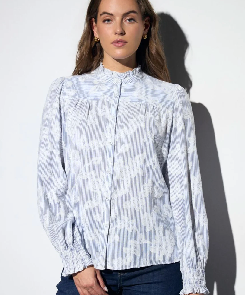 Pinstripe Blue & White Shirt with Floral Detail - Juniper Collective LLC