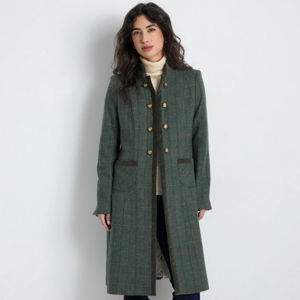Dark Green Women’s Long Coat with Gold Buttons - Juniper Collective LLC