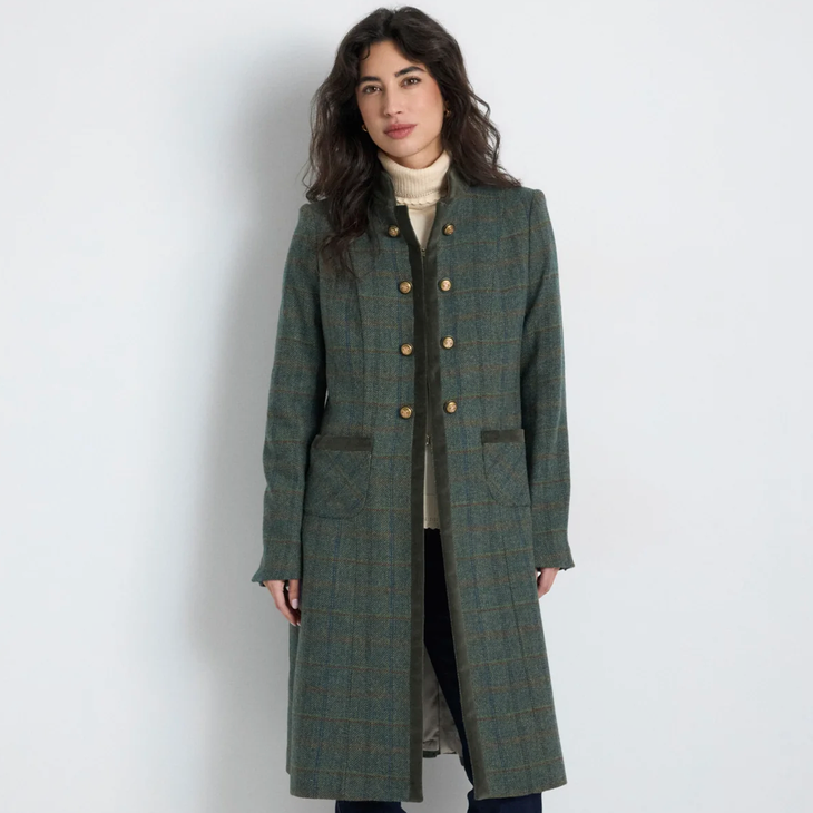 Dark Green Women’s Long Coat with Gold Buttons - Juniper Collective LLC