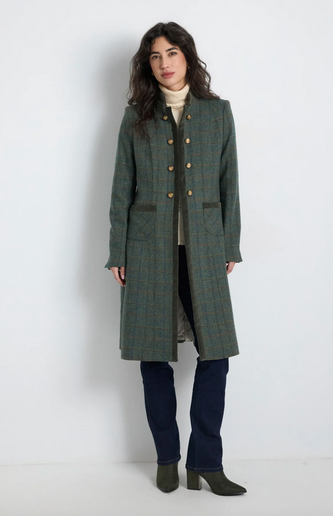 Dark Green Women’s Long Coat with Gold Buttons - Juniper Collective LLC