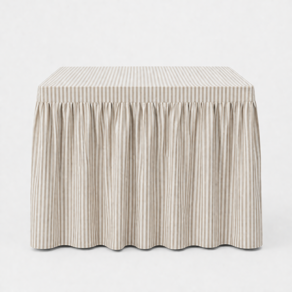 Mahjong Game Tablecloth -Skirted Linen Oatmeal Awning Stripe - Juniper Collective LLC